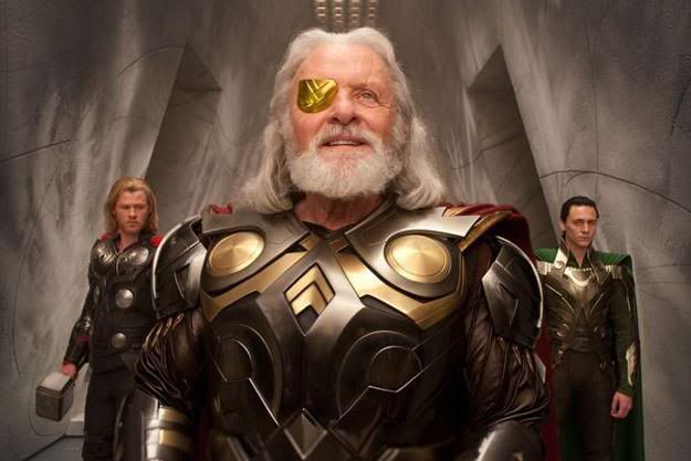 Anthony Hopkins as Odin, Tom Hiddleston as Loki, and Chris Hemsworth as Thor